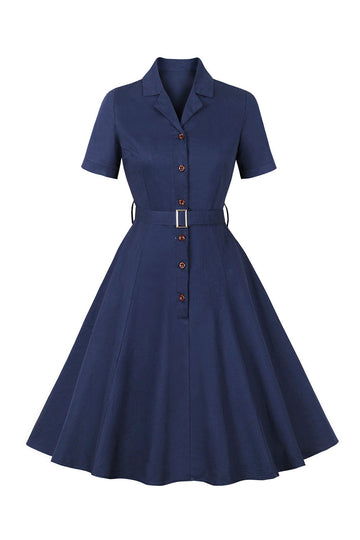 Navy Short Sleeves Button 1950s Robe
